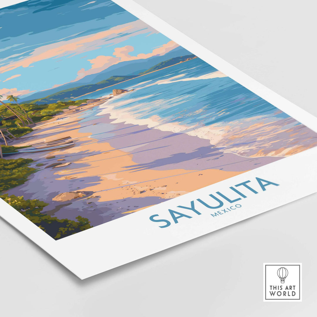 Sayulita Mexico Beach Art Print depicting tranquil beach scene with gentle waves and vibrant colors.