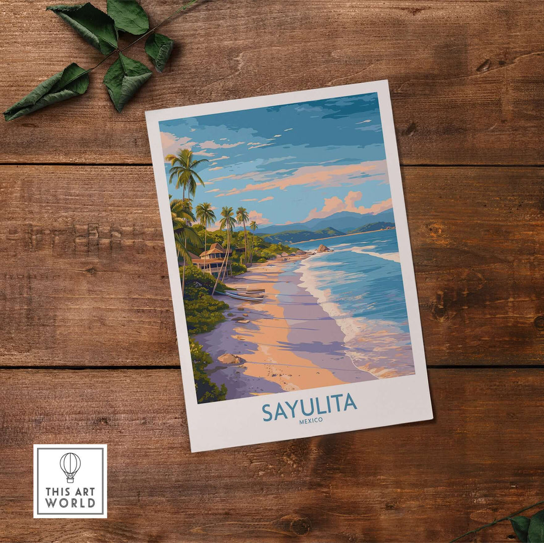 Sayulita Mexico Beach Art Print showcasing scenic beach with palm trees and gentle waves on a wooden background.