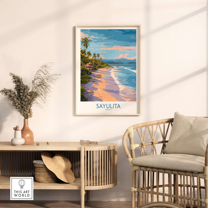 Sayulita Mexico Beach Art Print showcasing tranquil beach scene with palm trees and vibrant sunset in stylish home setting.
