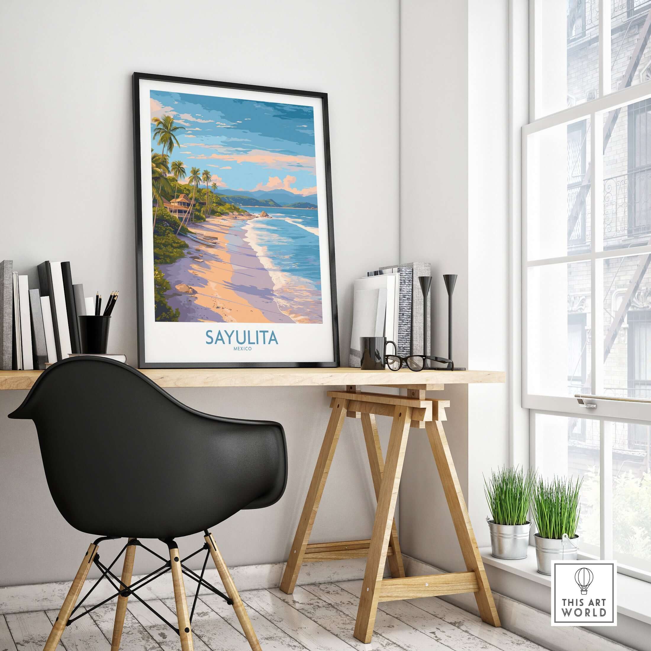Sayulita Mexico Beach Art Print displayed in a bright room with desk and chair, showcasing tropical beach scenery.