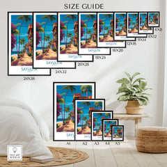 Sayulita Mexico Colorful Street Art Print | Tropical Beach Town Poster size guide showcasing various frame sizes.