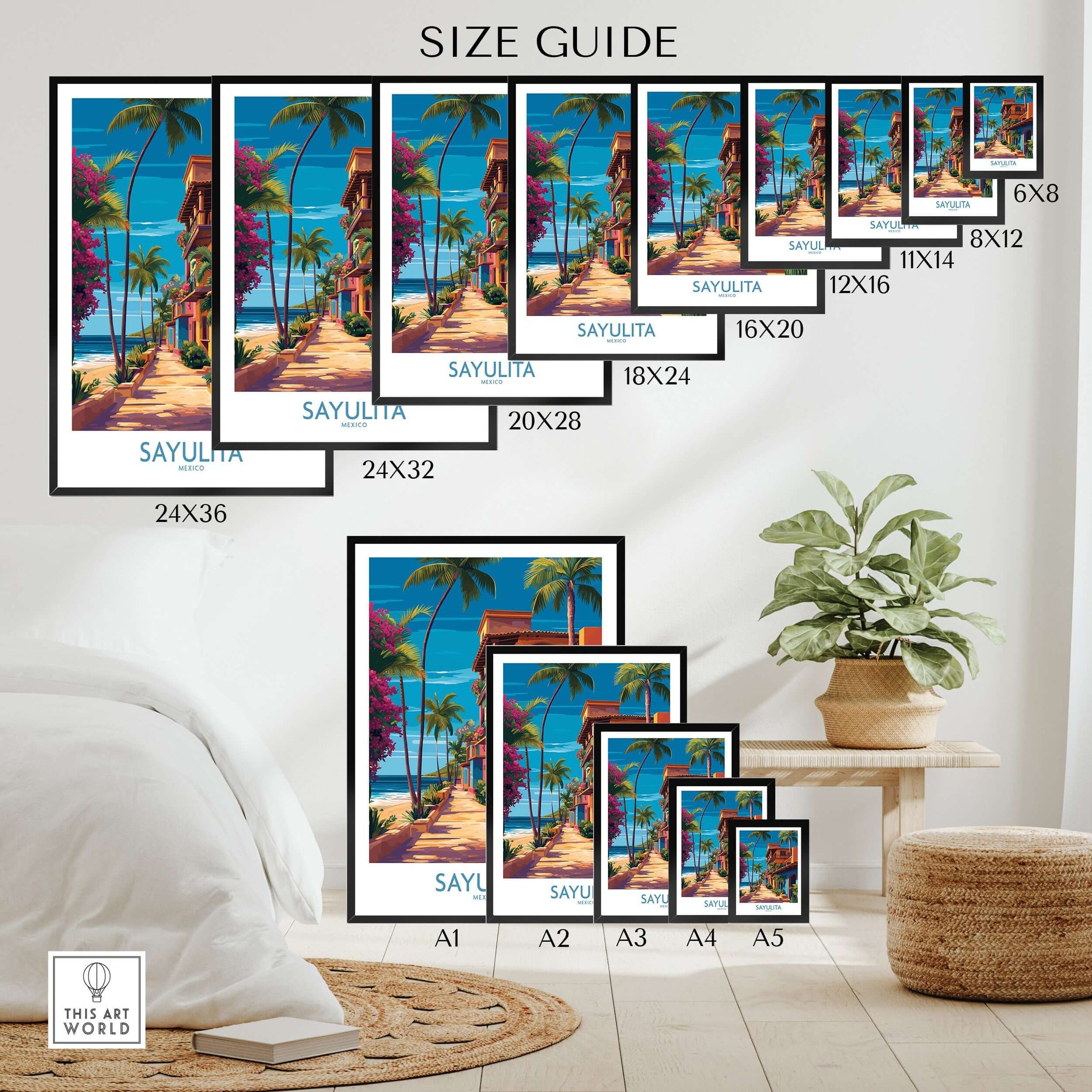 Sayulita Mexico Colorful Street Art Print | Tropical Beach Town Poster size guide showcasing various frame sizes.