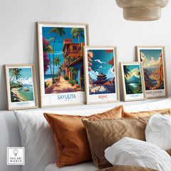 Sayulita Mexico Colorful Street Art Print | Tropical Beach Town Poster displayed among other vibrant travel posters.