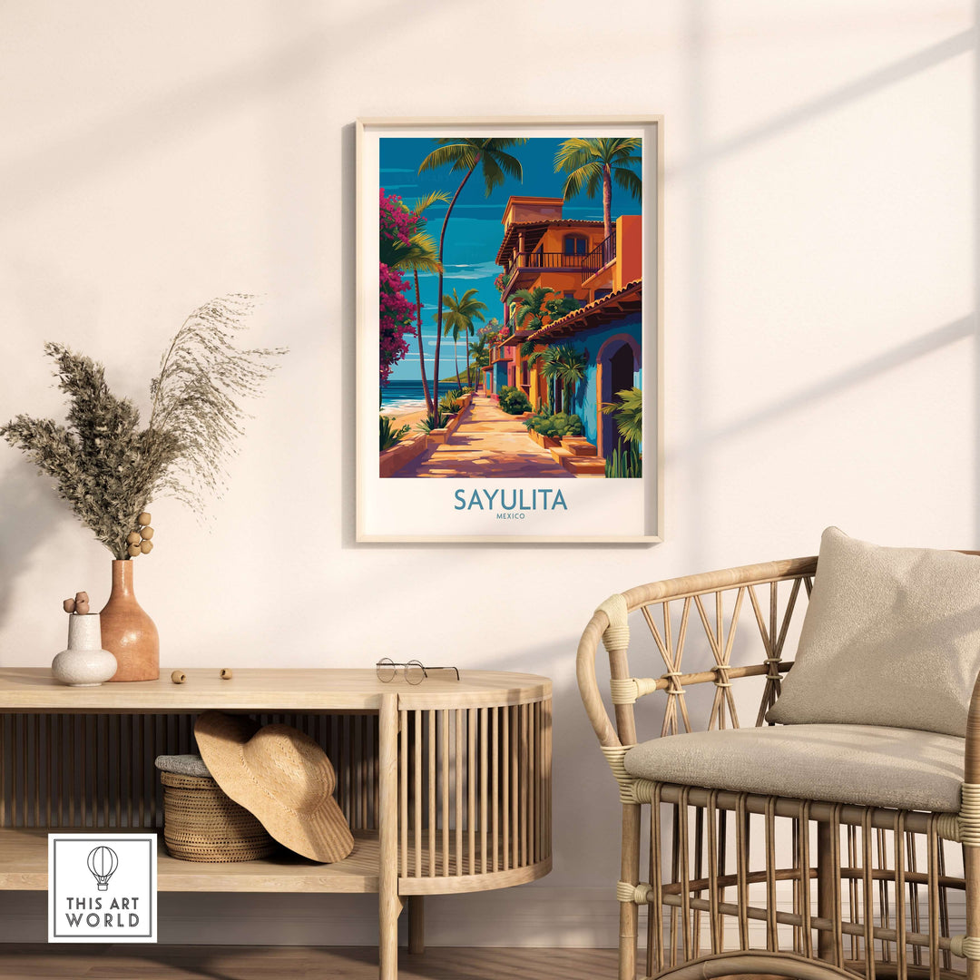 Sayulita Mexico Colorful Street Art Print | Tropical Beach Town Poster displayed in a stylish living room setting.
