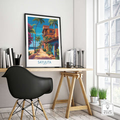 Sayulita Mexico Colorful Street Art Print | Tropical Beach Town Poster displayed in a modern office scene.