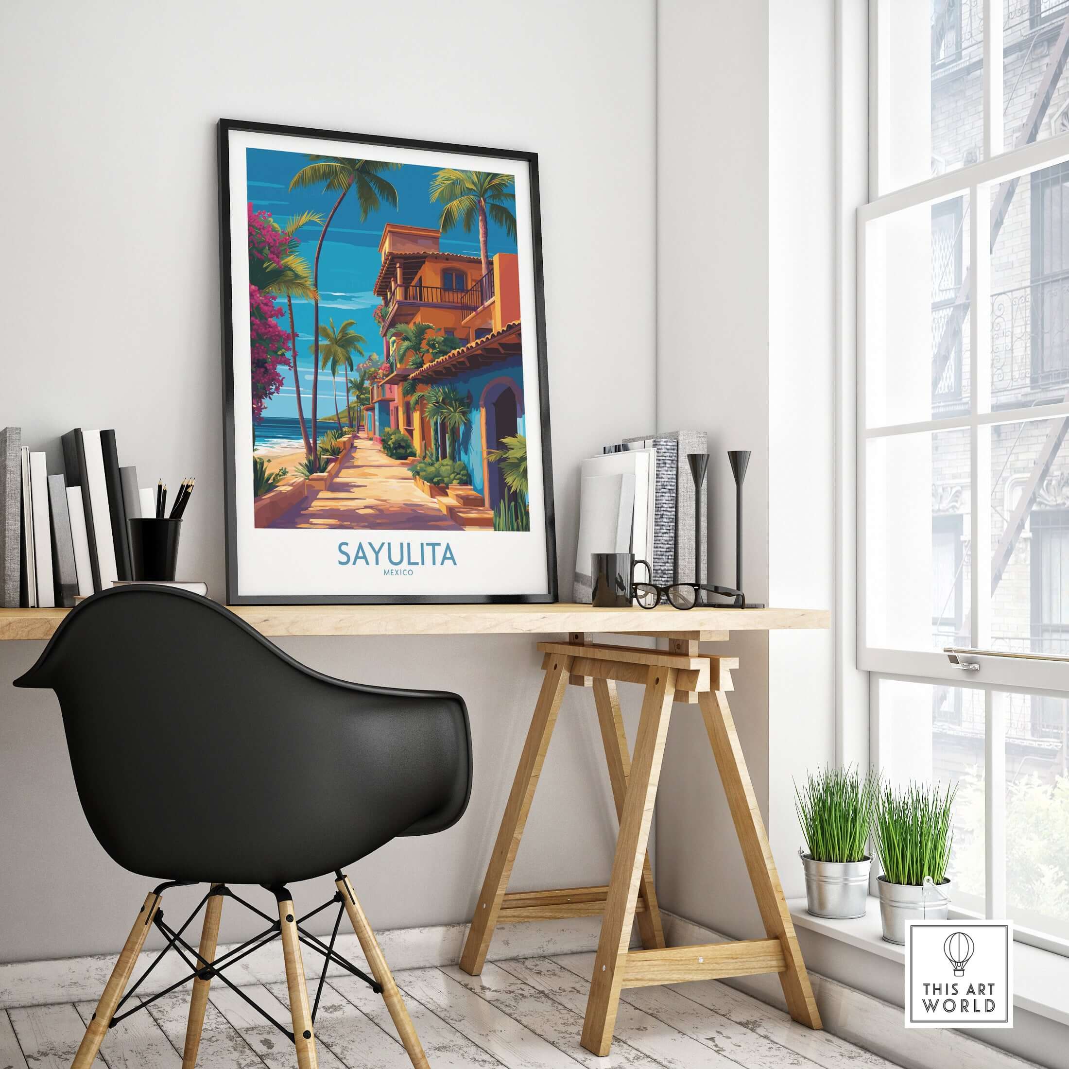 Sayulita Mexico Colorful Street Art Print | Tropical Beach Town Poster displayed in a modern office scene.