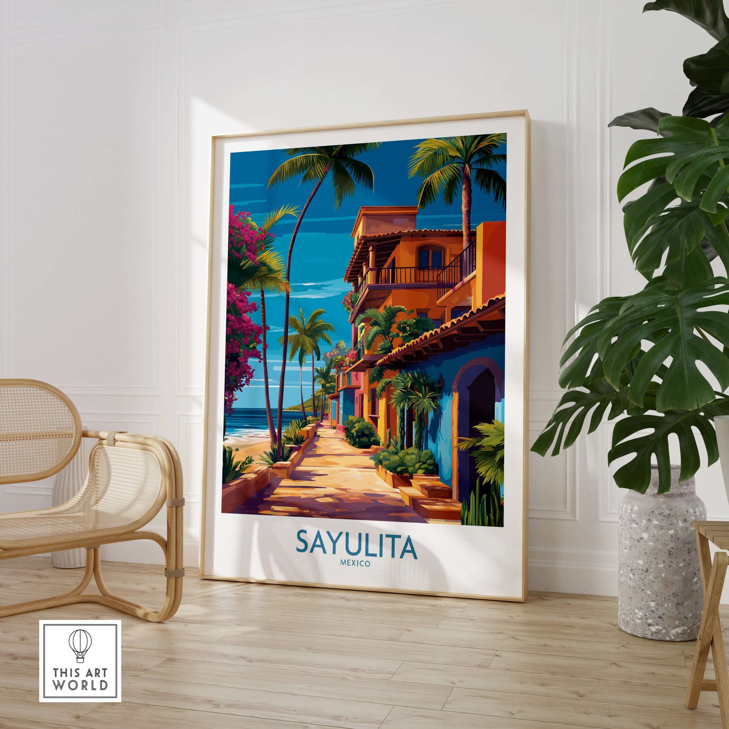 Sayulita Mexico Colorful Street Art Print | Tropical Beach Town Poster displayed in a bright living room setting.