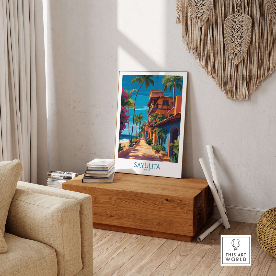 Sayulita Mexico Colorful Street Art Print | Tropical Beach Town Poster displayed in a stylish interior setting.