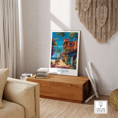 Sayulita Mexico Colorful Street Art Print | Tropical Beach Town Poster displayed in a cozy living room setting.