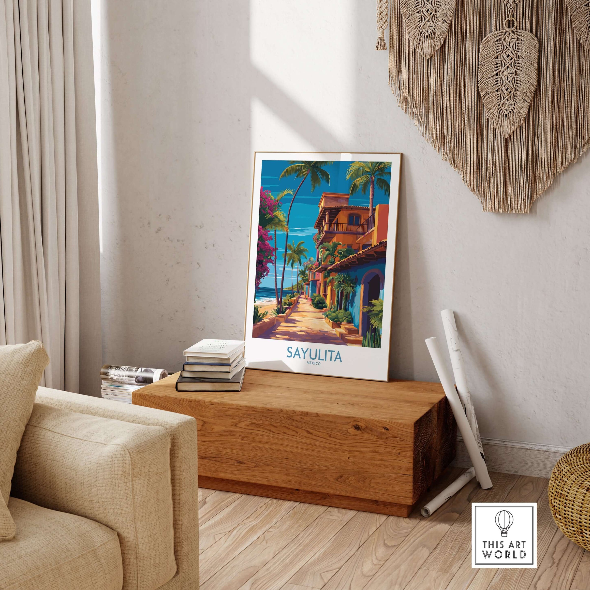 Sayulita Mexico Colorful Street Art Print | Tropical Beach Town Poster displayed in a cozy living room setting.