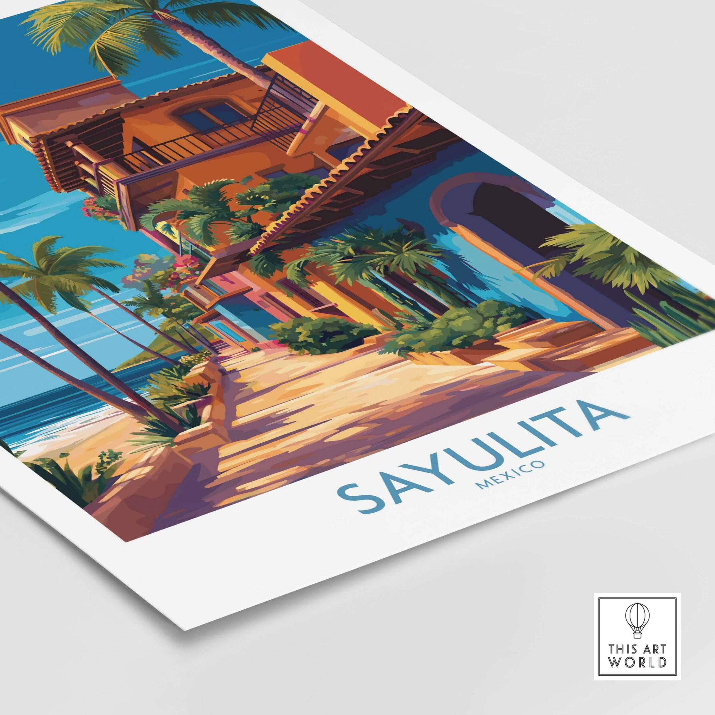 Sayulita Mexico Colorful Street Art Print | Tropical Beach Town Poster featuring vibrant tropical scenery.