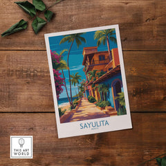 Sayulita Mexico Colorful Street Art Print | Tropical Beach Town Poster featuring vibrant buildings and palm trees.
