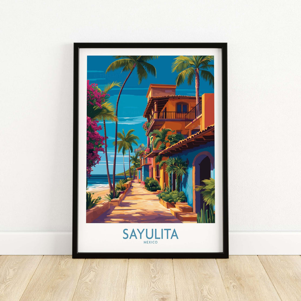 Sayulita Mexico Colorful Street Art Print | Tropical Beach Town Poster featuring vibrant architecture and palm trees.