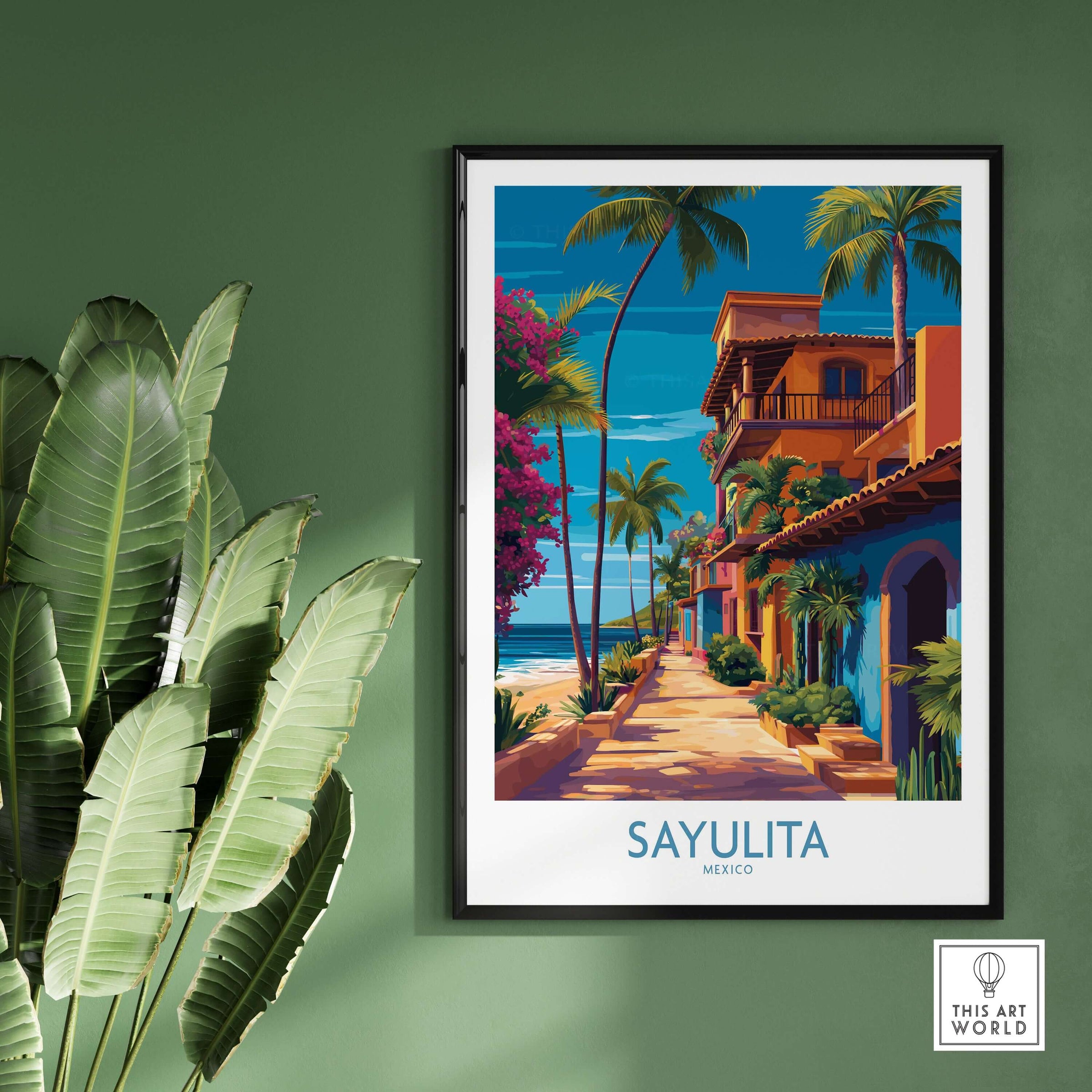 Sayulita Mexico Colorful Street Art Print | Tropical Beach Town Poster framed on a green wall with tropical plants.