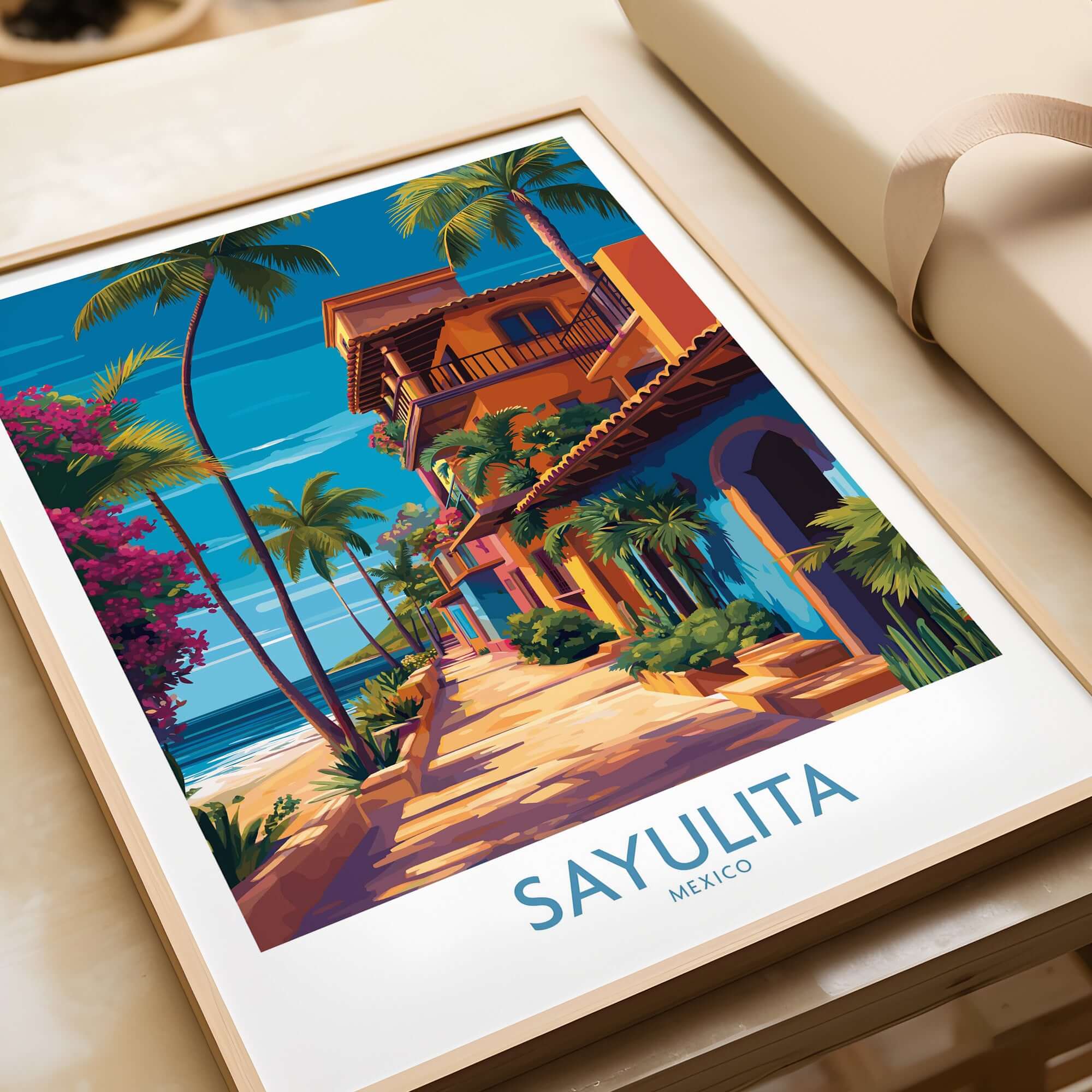 Sayulita Mexico Colorful Street Art Print | Tropical Beach Town Poster framed and displayed with tropical scenery.