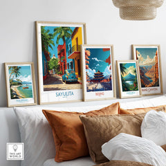 Sayulita Mexico Print | Colorful Street Poster displayed among vibrant travel art on a stylish wall.
