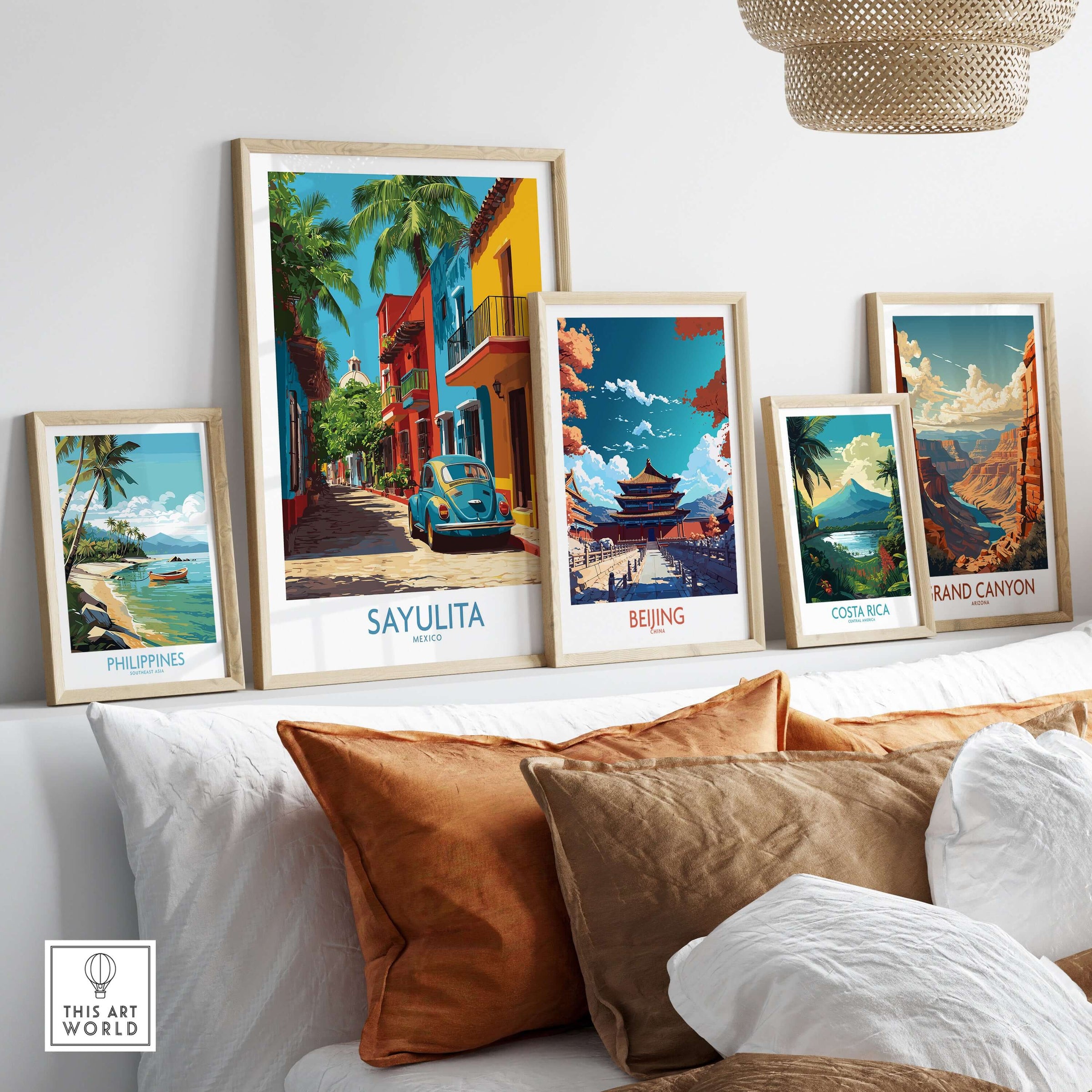 Sayulita Mexico Print | Colorful Street Poster displayed among vibrant travel art on a stylish wall.