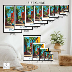 Sayulita Mexico Print | Colorful Street Poster size guide showing various dimensions for wall art.