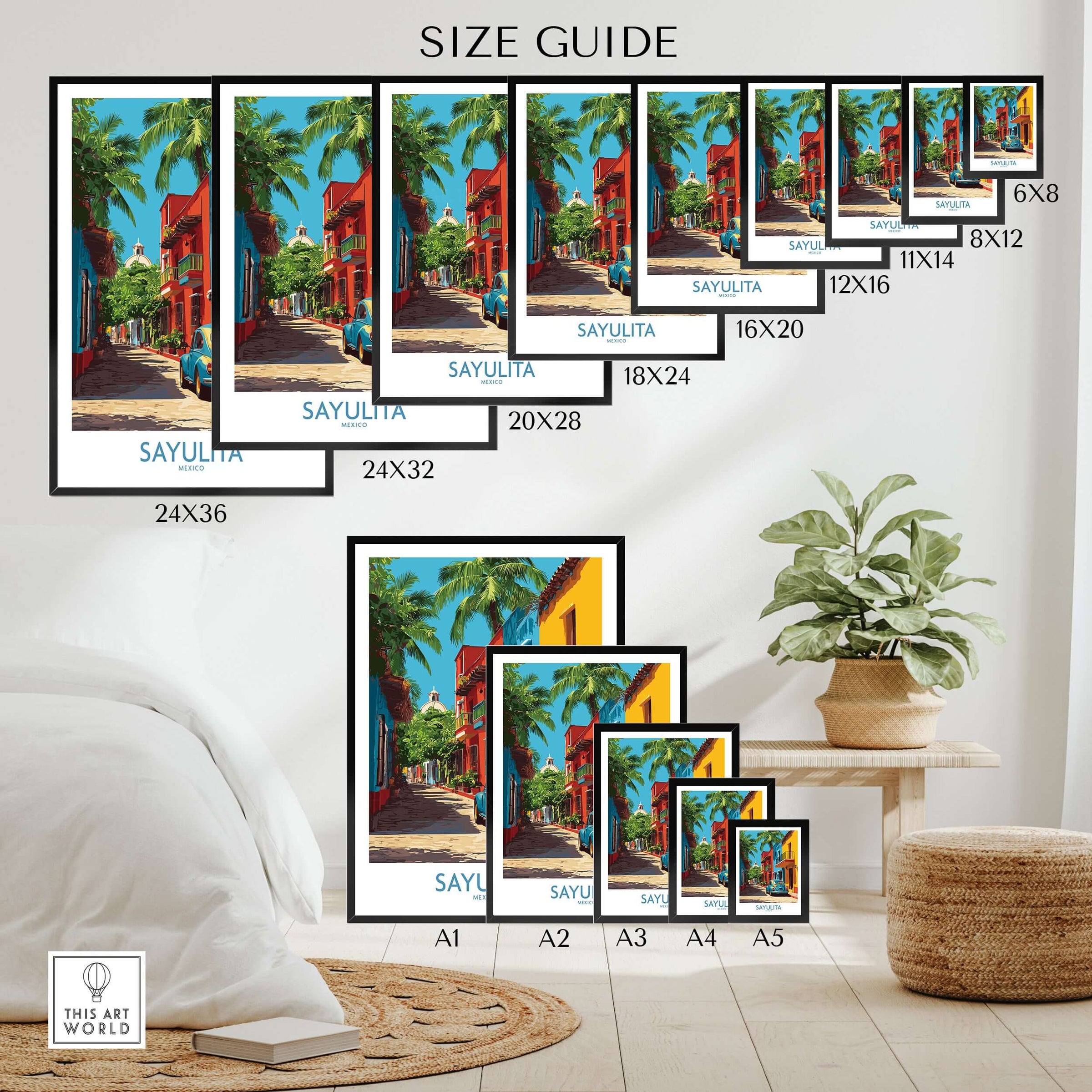 Sayulita Mexico Print | Colorful Street Poster size guide showing various dimensions for wall art.