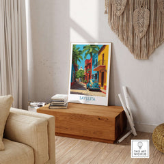 Sayulita Mexico Print | Colorful Street Poster displayed in a bright living room with vibrant colors and tropical decor.