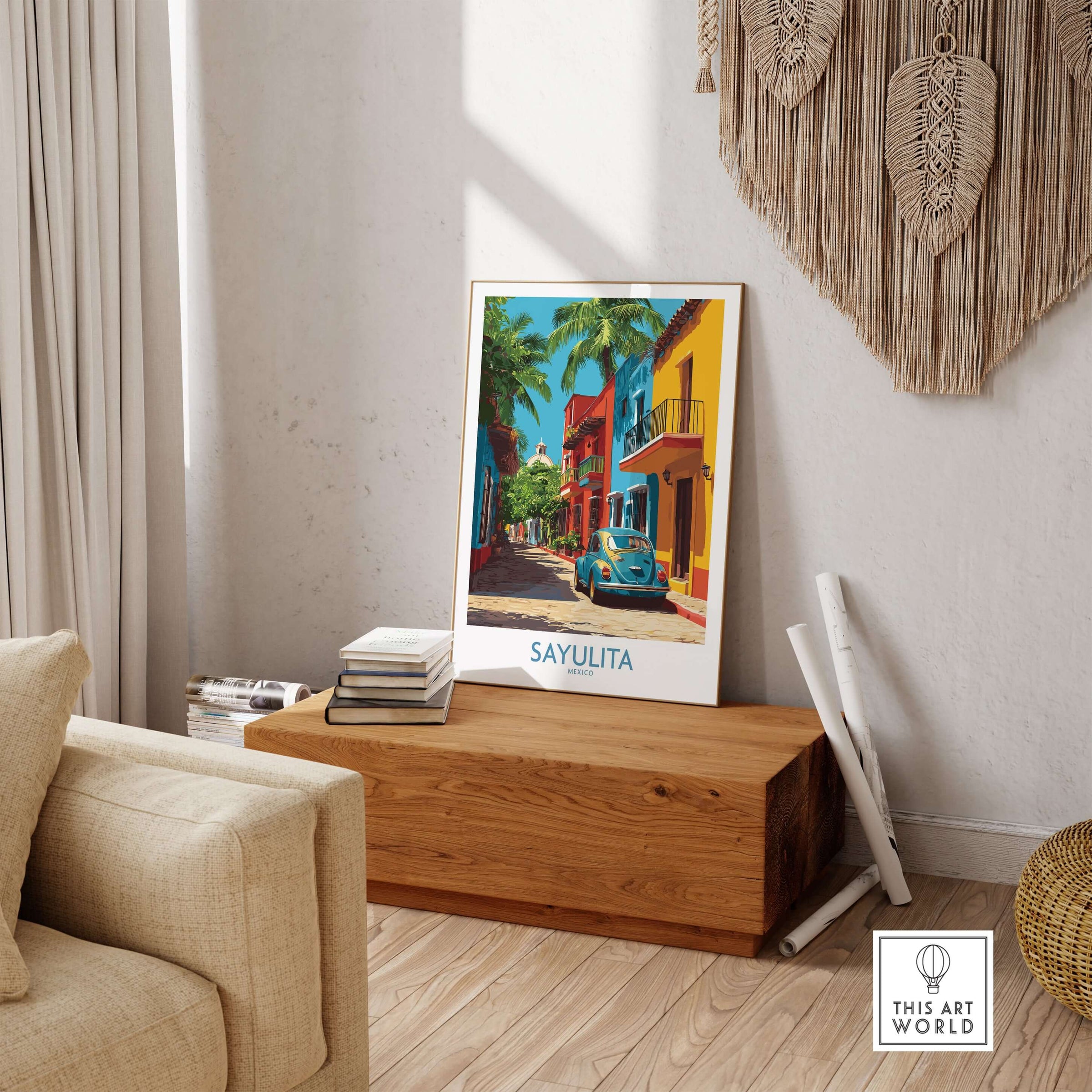 Sayulita Mexico Print | Colorful Street Poster displayed in a bright living room with vibrant colors and tropical decor.