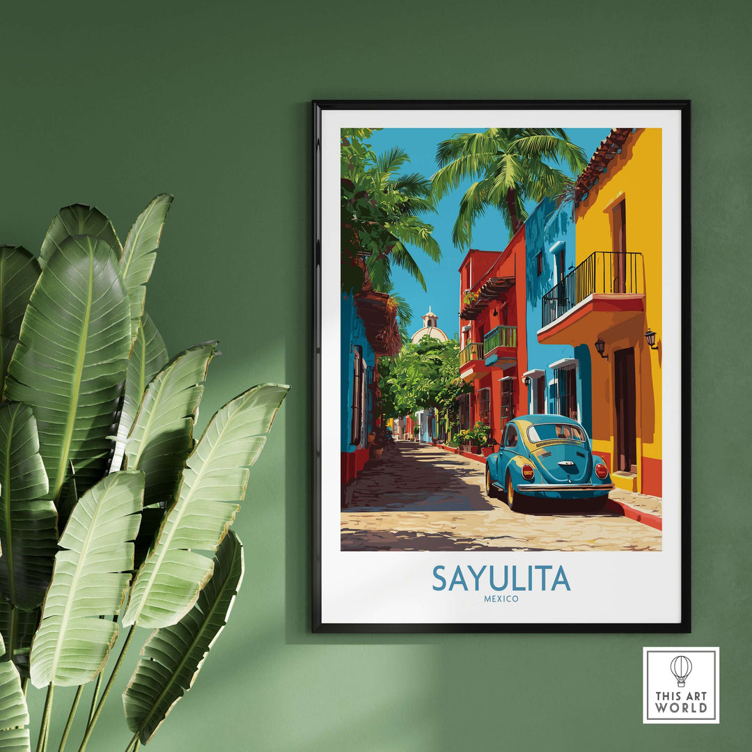 Sayulita Mexico Print | Colorful Street Poster featuring vibrant street scene with palm trees and colorful buildings.