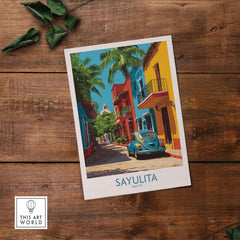 Sayulita Mexico Print | Colorful Street Poster showcasing vibrant street scene with colorful buildings and classic car.