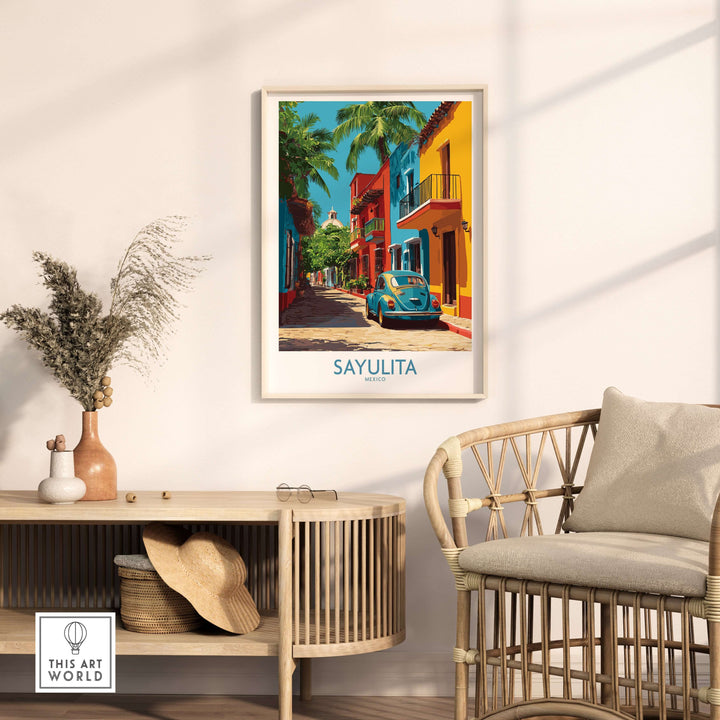 Sayulita Mexico Print | Colorful Street Poster displayed in a stylish interior setting with vibrant colors and tropical elements