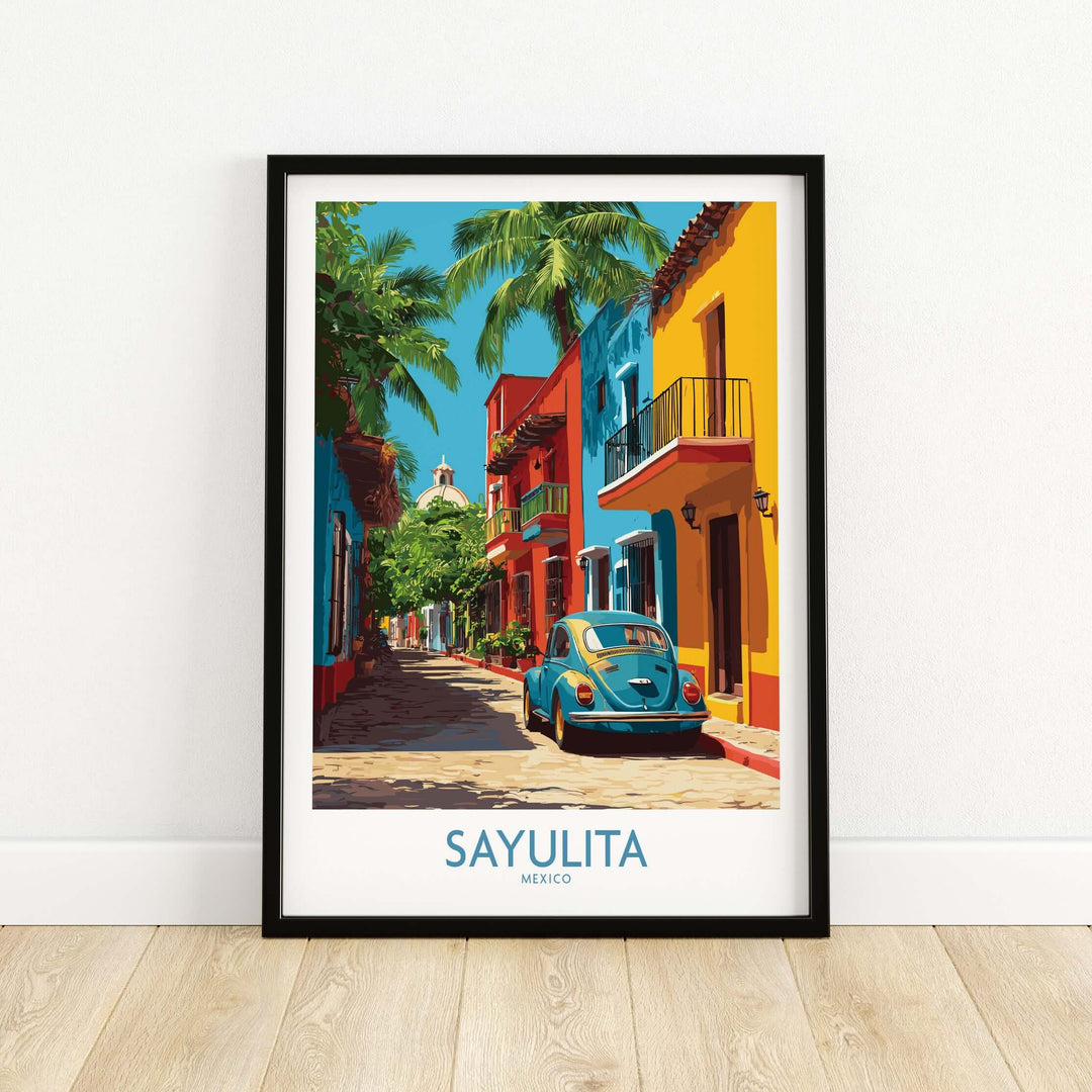 Sayulita Mexico Print | Colorful Street Poster featuring vibrant streets and a classic car in a tropical setting.