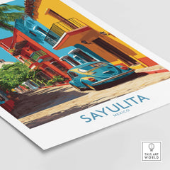 Sayulita Mexico Print | Colorful Street Poster featuring a vibrant street scene with a classic car.