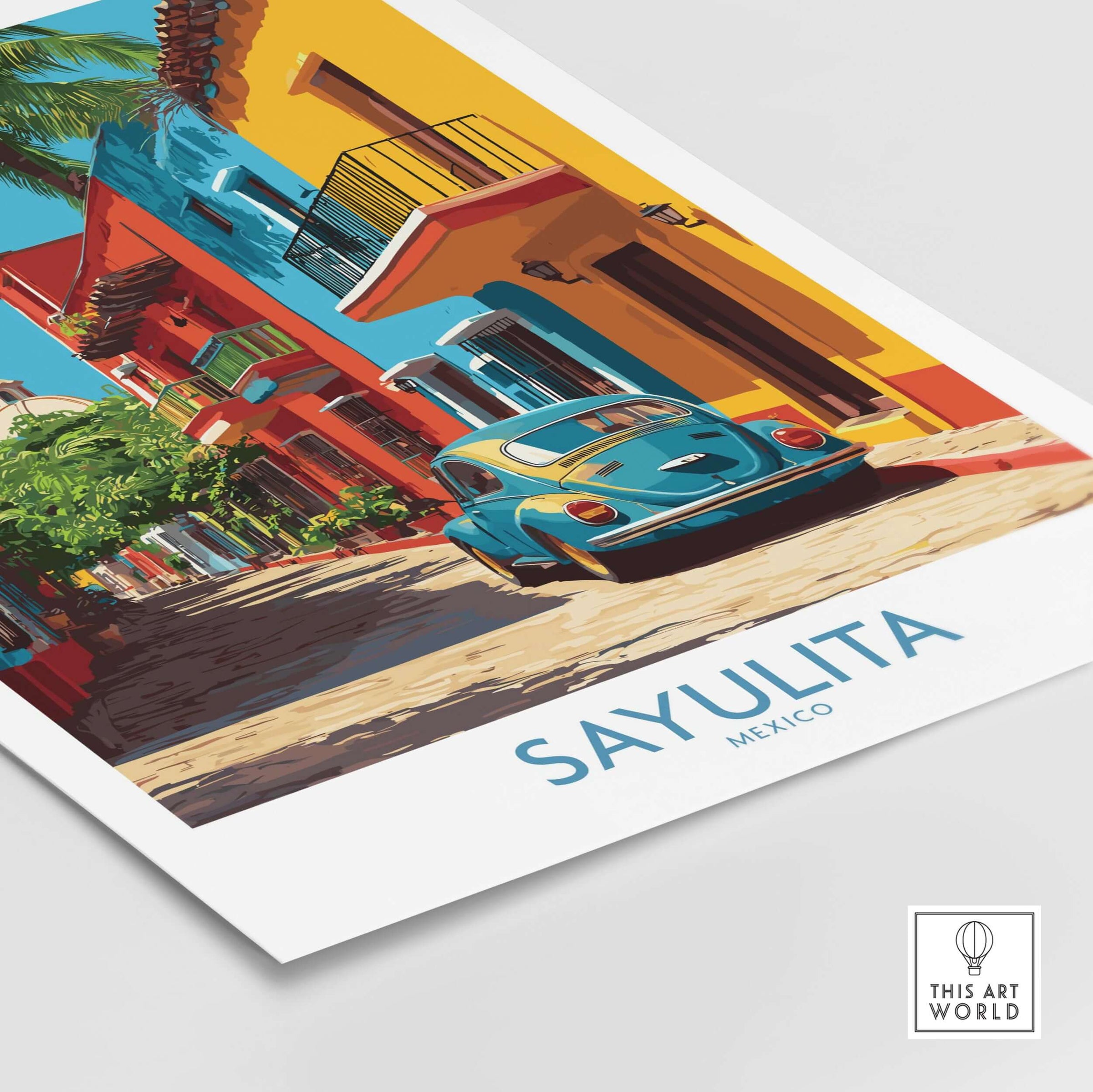 Sayulita Mexico Print | Colorful Street Poster featuring a vibrant street scene with a classic car.