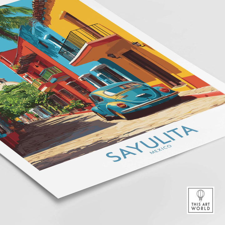 Sayulita Mexico Print | Colorful Street Poster featuring vibrant streets and a classic car.