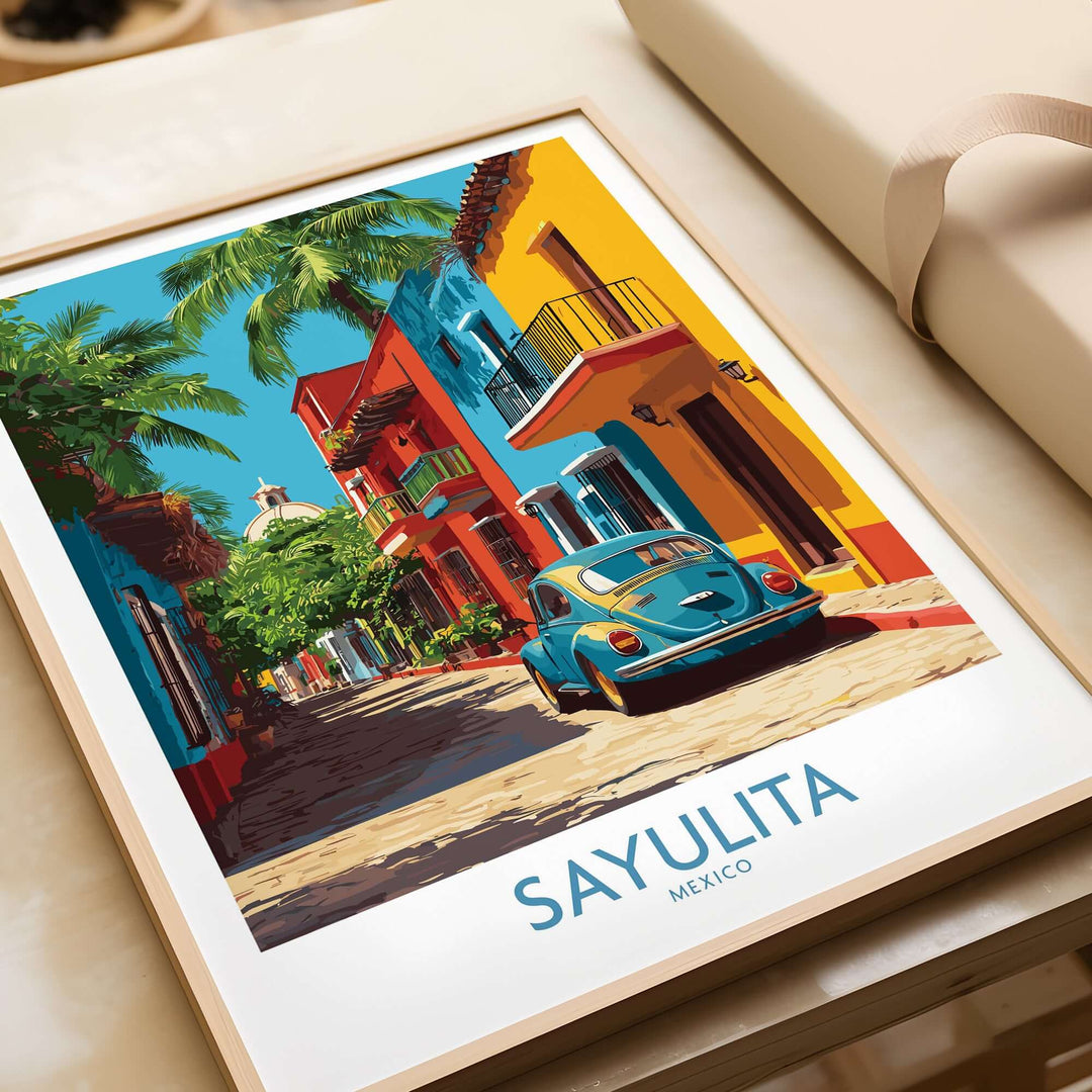 Sayulita Mexico Print | Colorful Street Poster showcasing vibrant street scene with palm trees and colorful buildings.