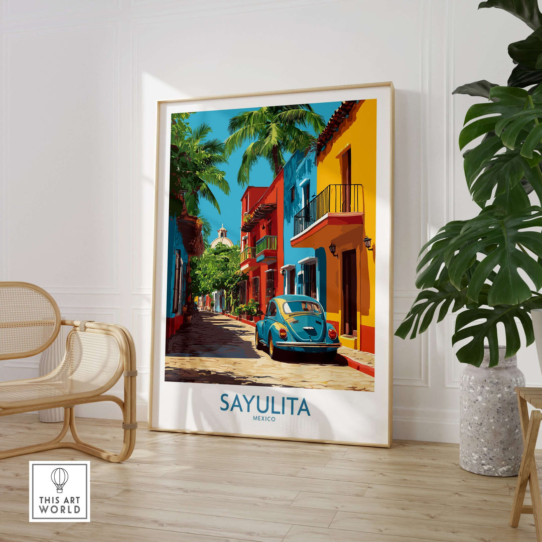 Sayulita Mexico Print | Colorful Street Poster featuring vibrant street scenes and a blue car in a lively neighborhood.