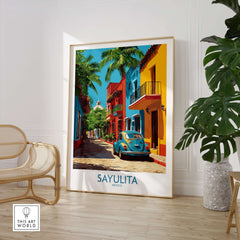 Sayulita Mexico Print | Colorful Street Poster displayed in a modern room, showcasing vibrant street art and tropical colors.