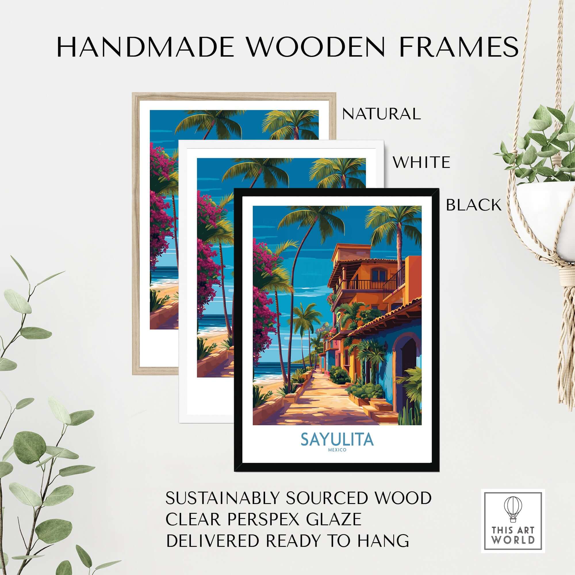 Sayulita Mexico Colorful Street Art Print | Tropical Beach Town Poster framed in natural, white, and black handmade wooden frames.