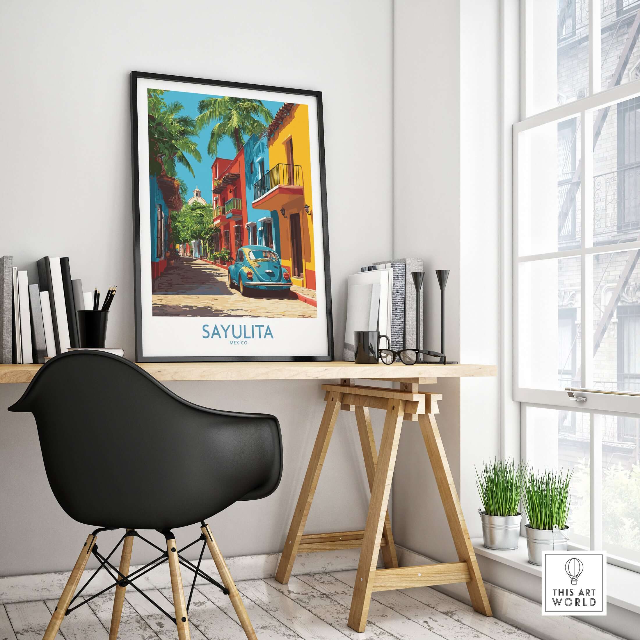 Sayulita Mexico Print | Colorful Street Poster displayed in a modern office setting with vibrant colors and tropical vibes.