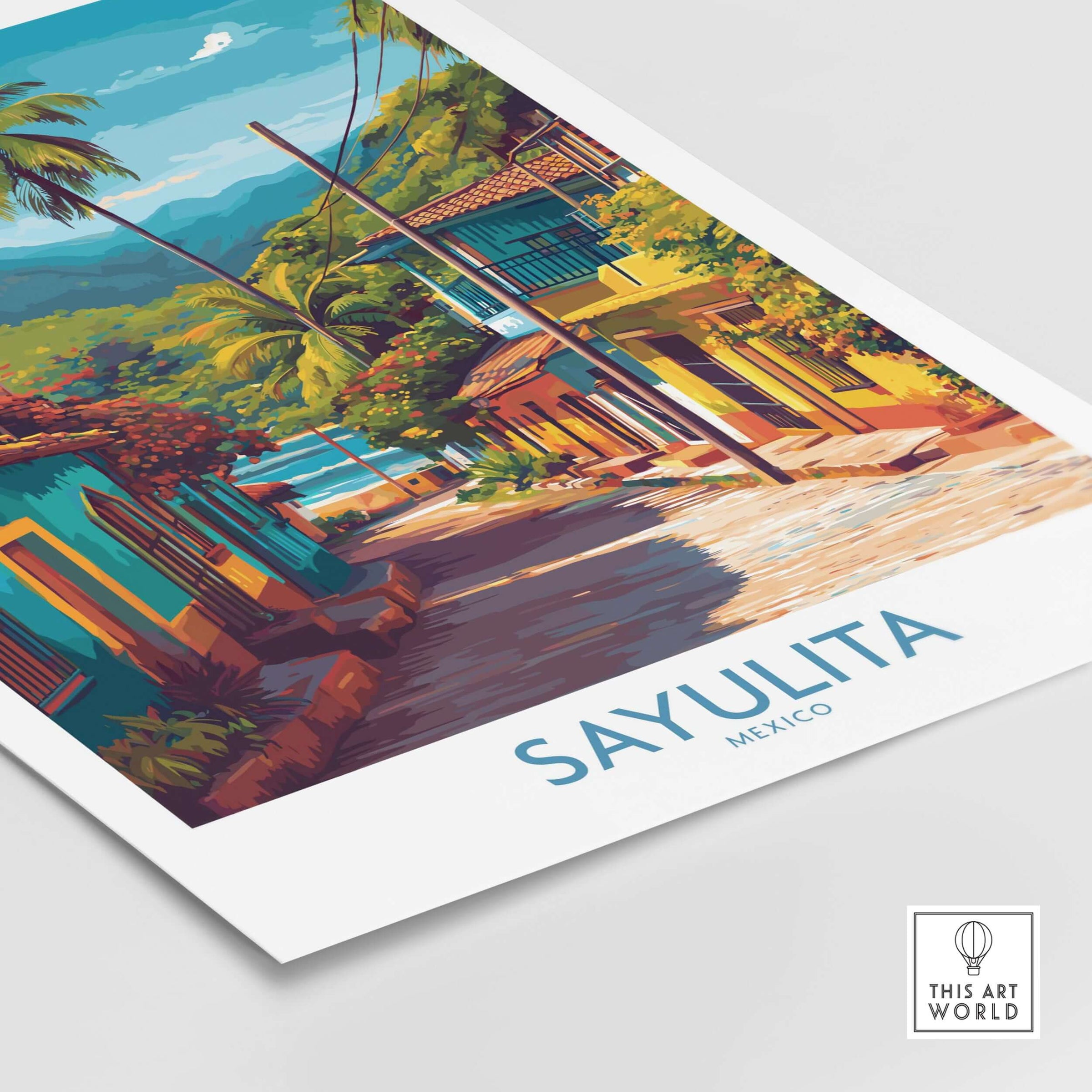 Sayulita Mexico Art Print | Vibrant Coastal Town Poster featuring colorful streets and tropical scenery.