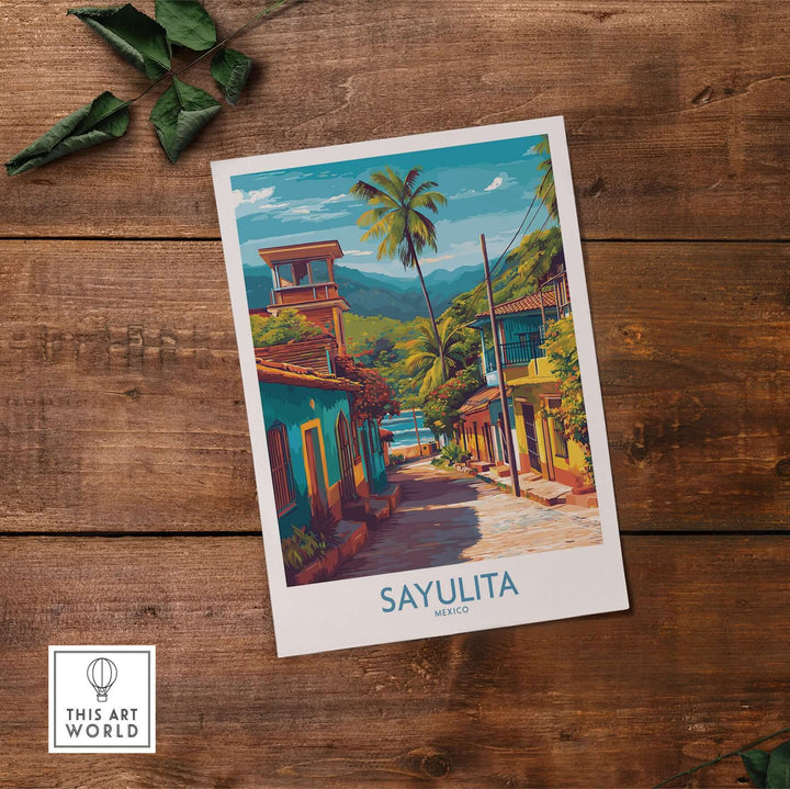 Sayulita Mexico Art Print | Vibrant Coastal Town Poster featuring colorful streets and palm trees.