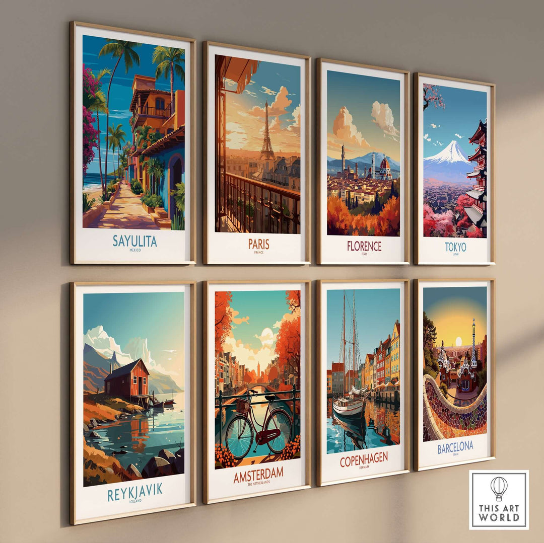 Sayulita Mexico Colorful Street Art Print | Tropical Beach Town Poster displayed among global cityscape art prints.