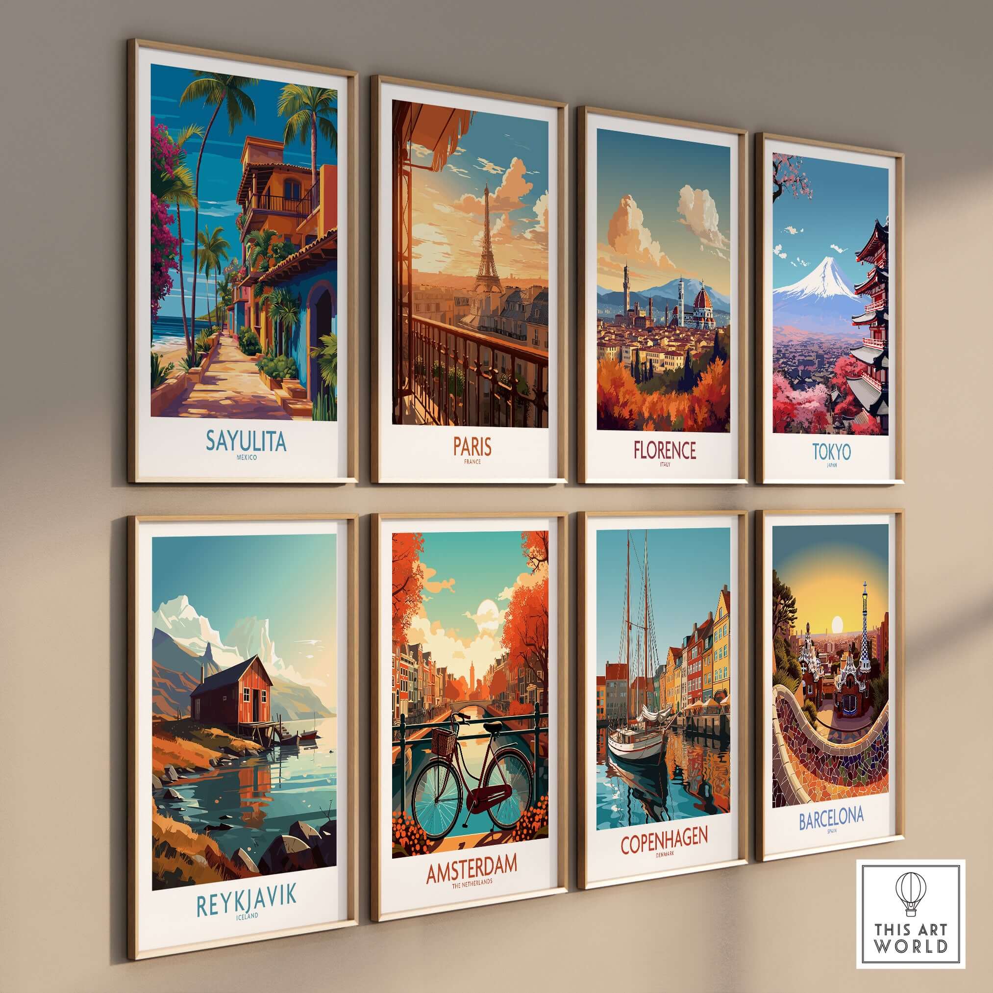 Sayulita Mexico Colorful Street Art Print | Tropical Beach Town Poster featuring vibrant cityscapes.