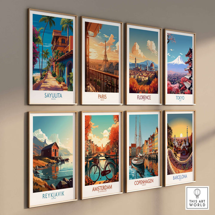 Sayulita Mexico Colorful Street Art Print | Tropical Beach Town Poster displayed among global cityscape art prints.