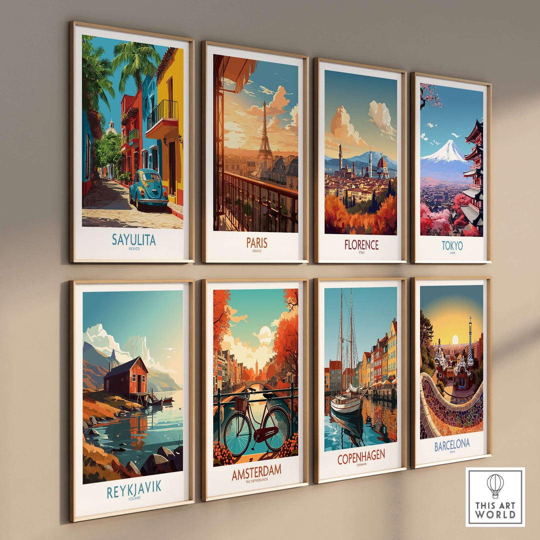 Sayulita Mexico Print | Colorful Street Poster featuring vibrant scenes from different cities.
