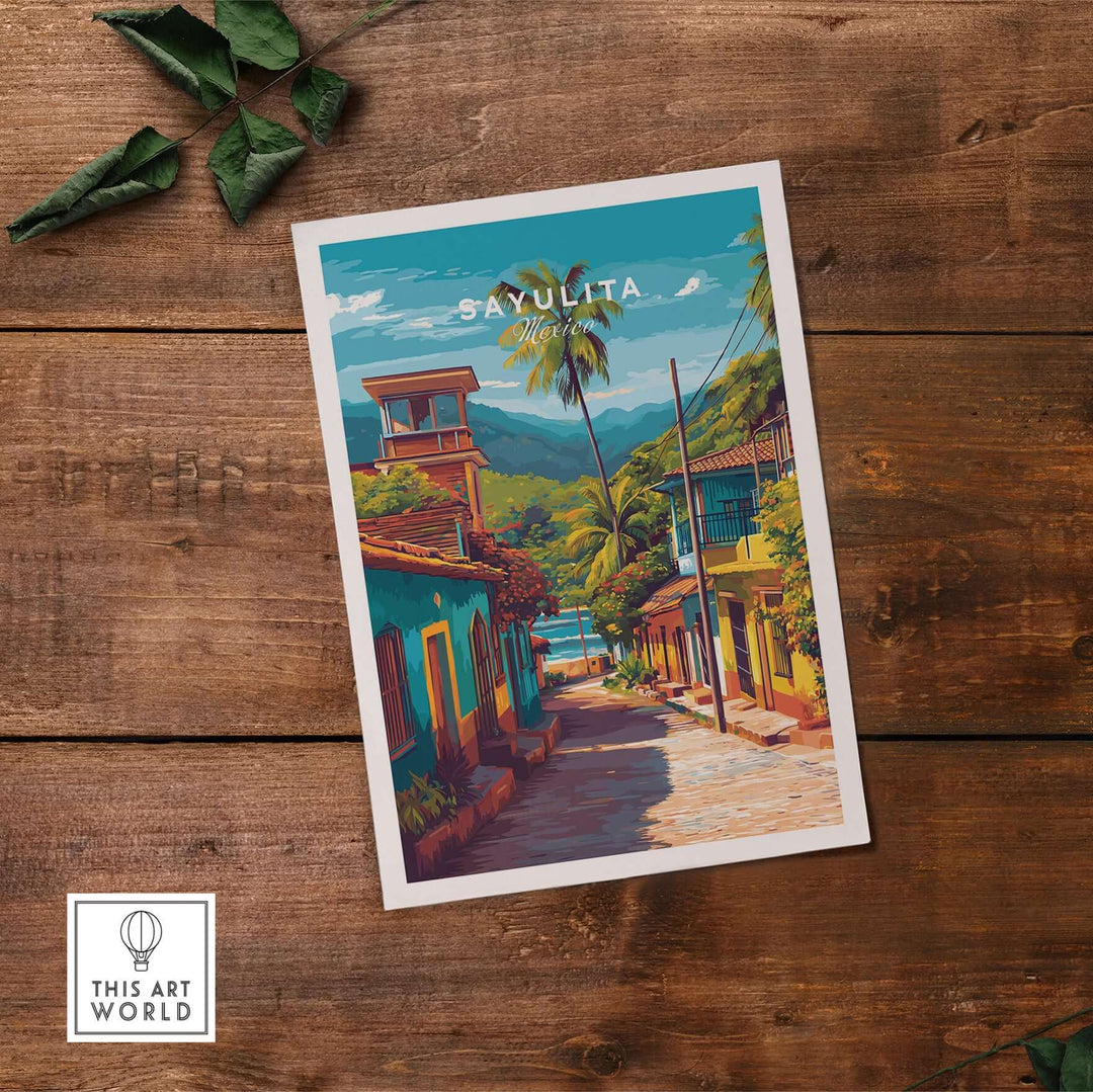 Sayulita Poster | Mexican Travel Wall Art featuring colorful streets and lush palm trees in a vibrant coastal setting.