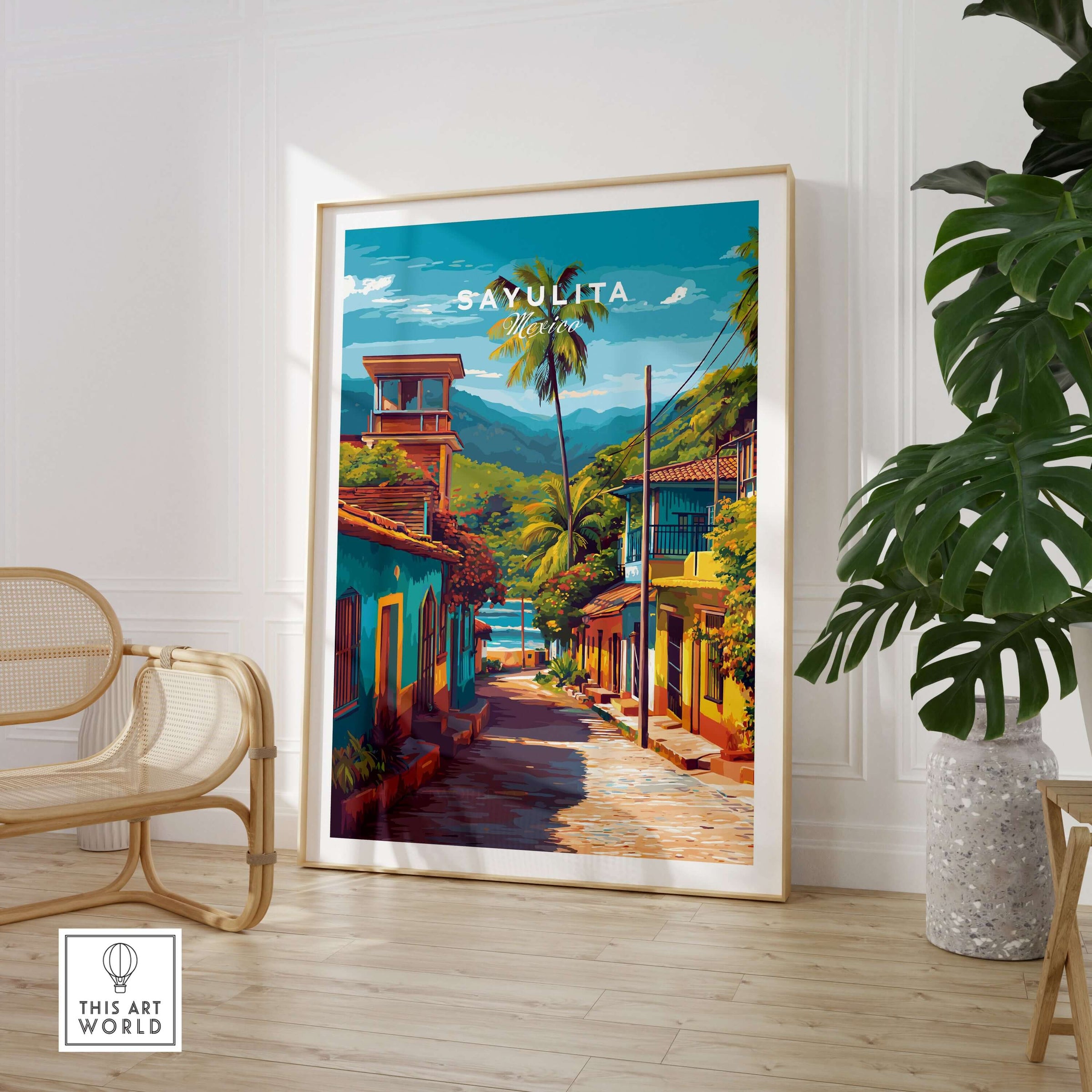 Sayulita Poster | Mexican Travel Wall Art displayed in a stylish interior with tropical decor.