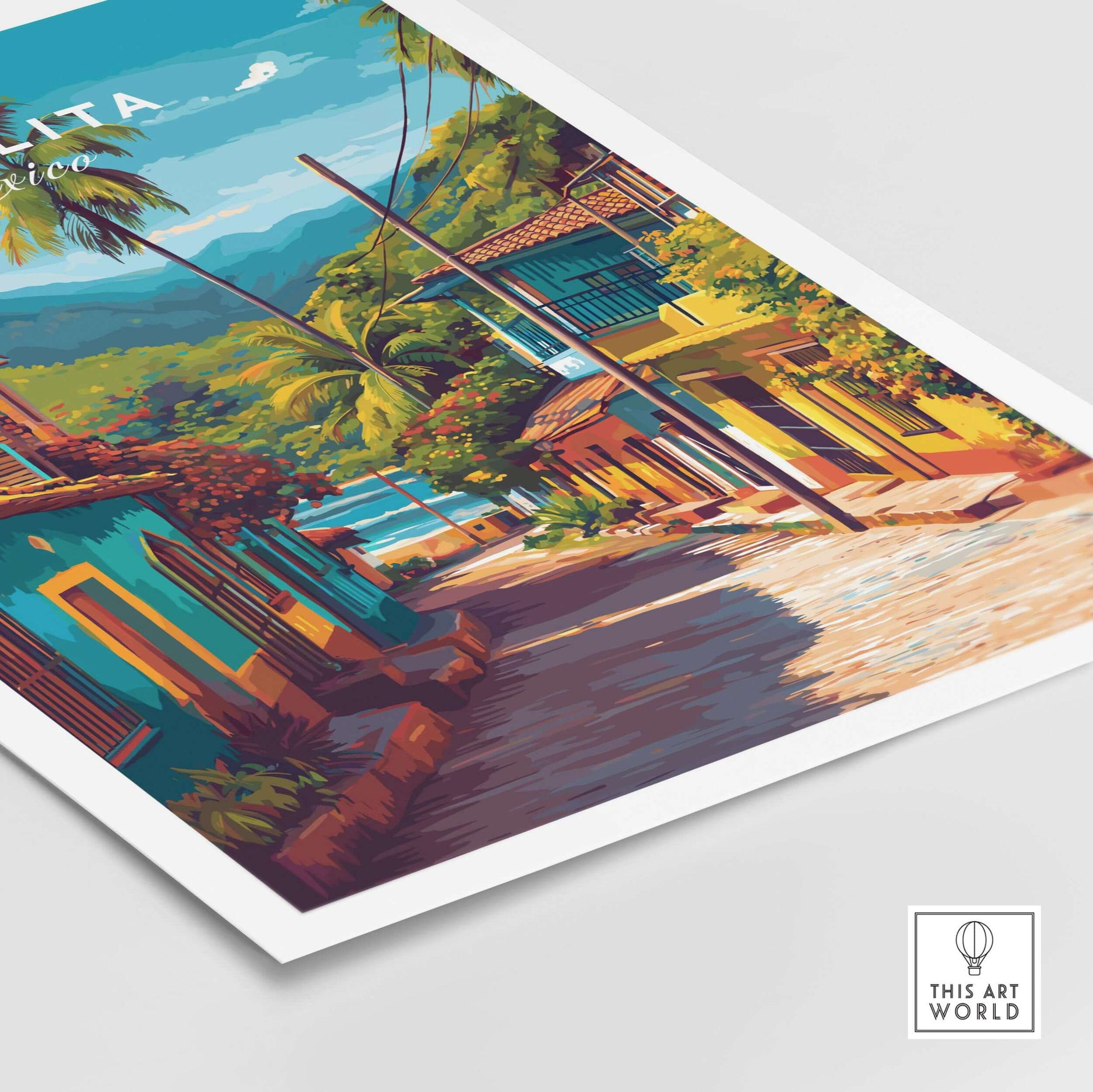 Sayulita Poster | Mexican Travel Wall Art showcasing vibrant street scene and coastal beauty of Mexico.