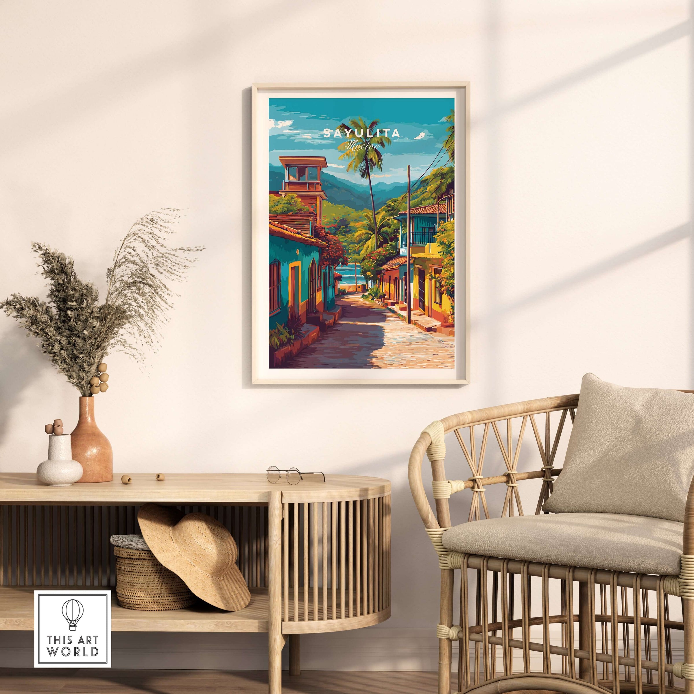Sayulita Poster | Mexican Travel Wall Art displayed in a stylish living room setting with colorful decor.