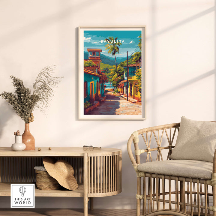 Sayulita Poster | Mexican Travel Wall Art displayed in a cozy living room setting.