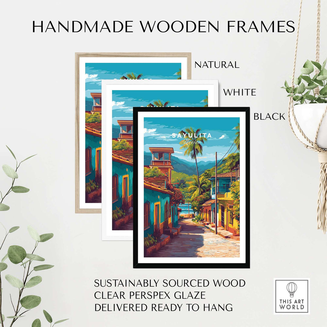 Sayulita Poster | Mexican Travel Wall Art framed in natural, white, and black handmade wooden frames.