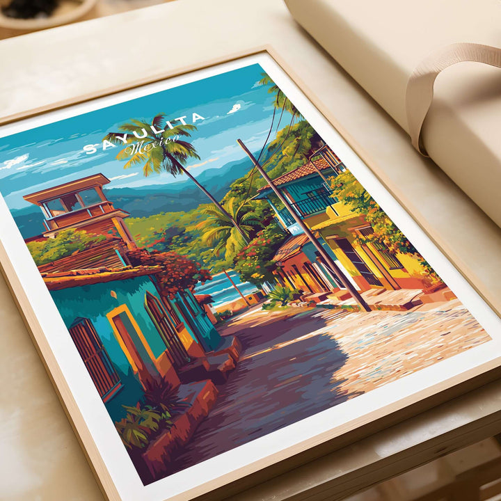 Sayulita Poster | Mexican Travel Wall Art featuring vibrant streets and colorful buildings of Sayulita, Mexico.